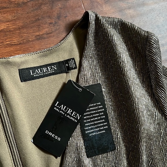 NWT Lauren Ralph Lauren Women's metallic Gold V-Neck Dress Size 16 - Picture 7 of 9
